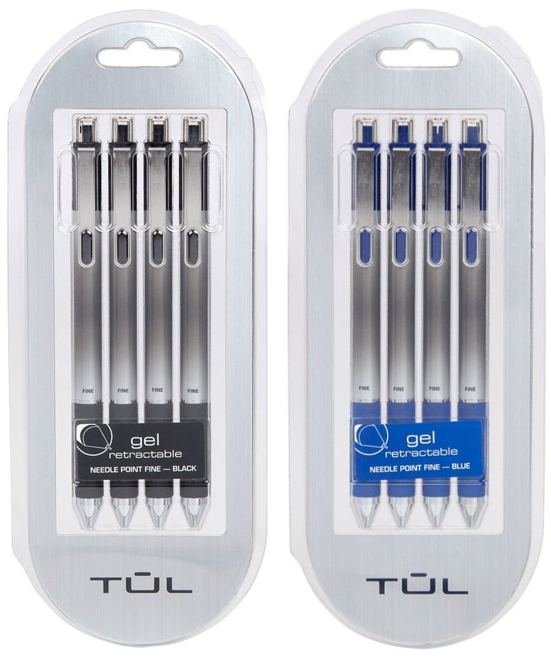 TUL Retractable Gel Pens 0.5mm Needle Point Fine, Black/Blue Bundle (2 4-packs) - Image 1